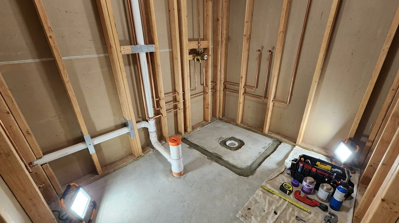 Bathroom rough-in plumbing during remodel by Johns Plumbing LLC in Rocky Top