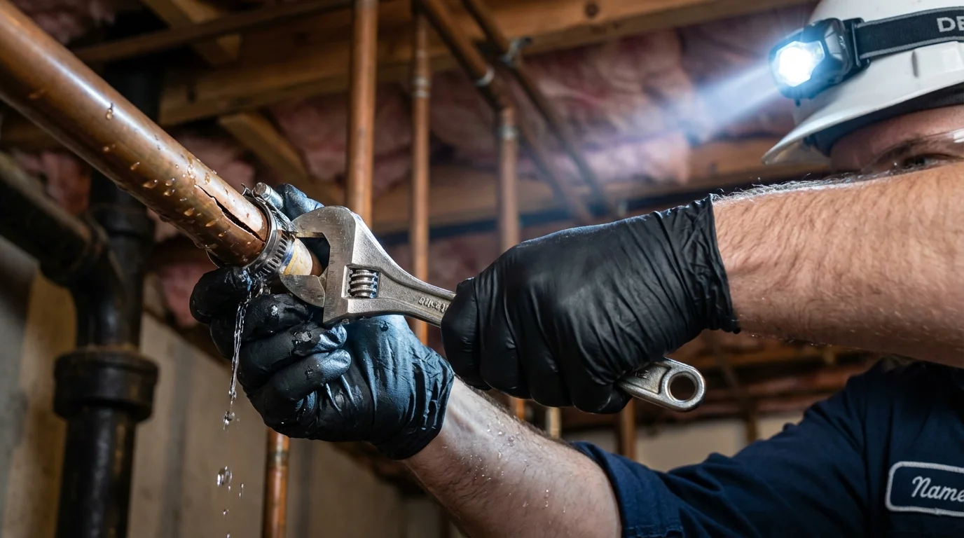 Emergency pipe clamp repair being performed by a Johns Plumbing LLC plumber in Rocky Top
