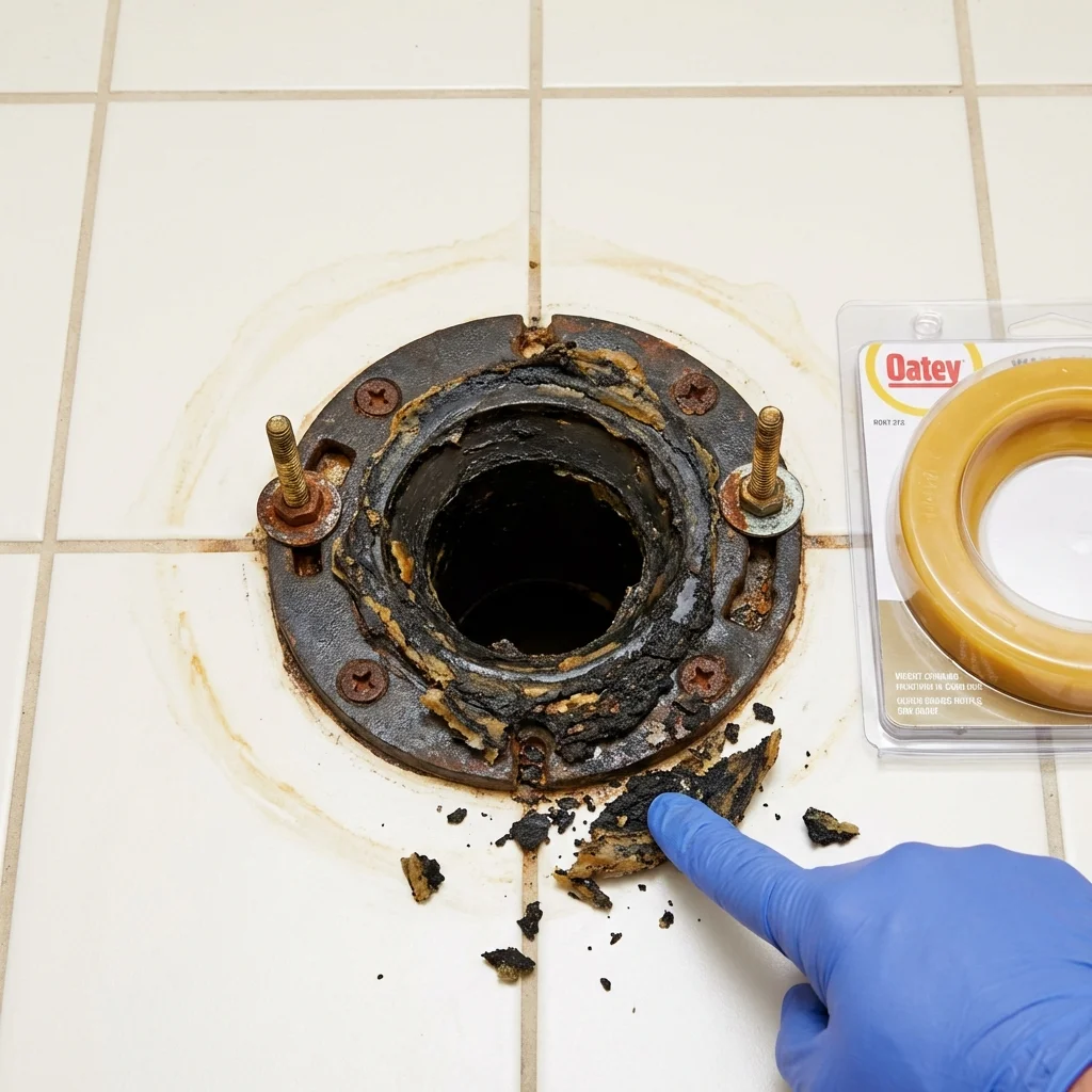 Failed wax ring showing water seepage at the base of a toilet in a Rocky Top, TN home