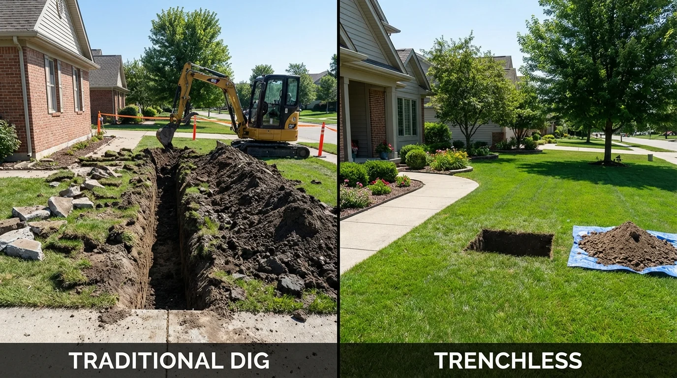 Trenchless sewer repair with minimal yard damage versus traditional excavation in Rocky Top, TN