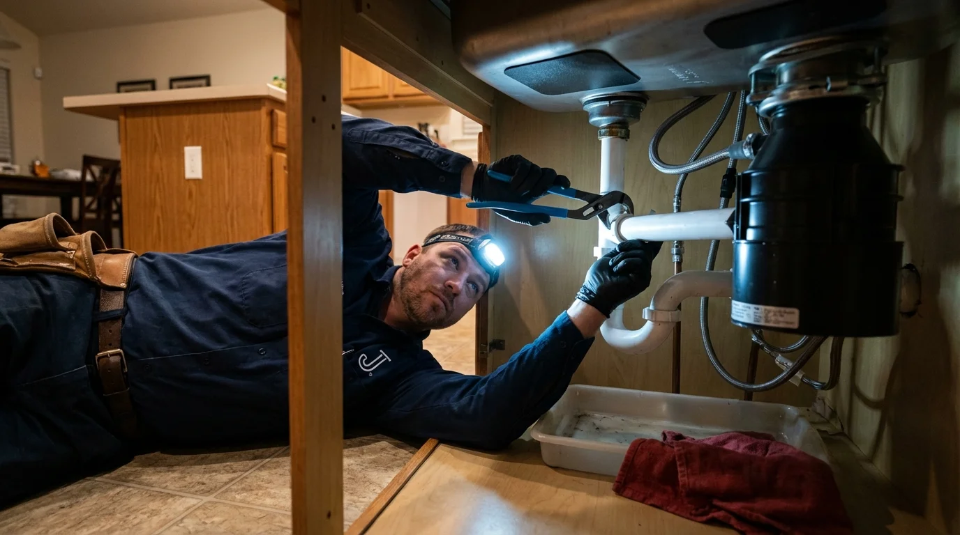 P-trap and supply line connections under a kitchen sink showing a common leak point in Rocky Top, TN